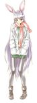  alternate_costume animal_ears black_legwear boots bunny_ears coat contemporary full_body hands_in_pockets highres jacket lavender_hair long_hair miniskirt pantyhose purple_hair red_eyes reisen_udongein_inaba scarf shiba_itsuki simple_background sketch skirt solo touhou very_long_hair white_background 