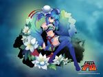  artist_request blue_eyes blue_footwear blue_hair blue_legwear blue_sleeves boots bun_cover character_request copyright_name detached_sleeves double_bun dress fists_of_fu flower full_body highres logo midriff navel short_hair sidelocks sitting smile solo thigh_boots thighhighs twintails wallpaper zettai_ryouiki 