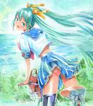  aqua_eyes aqua_hair artist_name ass bag bangs basket bicycle bicycle_basket black_legwear blouse blue_skirt blush bow cowboy_shot eyelashes from_behind ground_vehicle hair_bow hair_ribbon hatsune_miku horizon leaning_forward long_hair looking_at_viewer looking_back mayo_riyo midriff ocean open_mouth outdoors pleated_skirt ribbon riding sailor_collar school_uniform serafuku skirt solo standing thighhighs twintails very_long_hair vocaloid white_blouse 