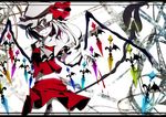  ascot bad_id bad_pixiv_id blood blood_on_face crystal fingernails flandre_scarlet grin hat highres laevatein looking_at_viewer matsuyama_nozomu midriff navel no_panties no_pussy red_eyes ribbon sharp_fingernails short_hair side_ponytail skirt slit_pupils smile solo spot_color touhou wings 