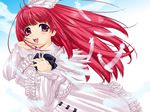  bad_id bad_pixiv_id benimaru bow deathsmiles dress feathers frills hair_ribbon long_hair red_eyes red_hair ribbon smile solo white_dress windia_(deathsmiles) 