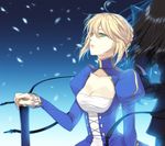  1girl ahoge armor artoria_pendragon_(all) bad_id bad_pixiv_id berserker_(fate/zero) black_hair blonde_hair dress enk excalibur fate/zero fate_(series) green_eyes hair_ribbon long_hair petals puffy_sleeves ribbon saber spoilers sword weapon 