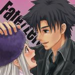  1girl aimoko bad_id bad_pixiv_id black_hair blush emiya_kiritsugu facial_hair fate/zero fate_(series) father_and_daughter hat illyasviel_von_einzbern long_hair necktie petting purple_hat red_eyes stubble white_hair 