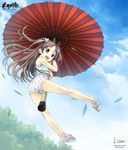  ass bare_legs bare_shoulders blue_eyes blue_sky brown_hair cloud cura day floating from_below highres hishakaku kneepits leaf legs long_hair looking_down monobeno open_mouth oriental_umbrella sandals sawai_natsuha shorts sky solo two_side_up umbrella umbrella_riding wind 