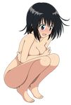  black_cat_(series) black_hair blush breasts covering covering_breasts embarrassed highres kirisaki_kyouko nude nude_cover open_mouth purple_eyes simple_background solo to_love-ru toes toloveru torn_clothes 