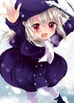  arm_up blonde_hair blush capelet fate/zero fate_(series) hat ichiyou_moka illyasviel_von_einzbern open_mouth purple_hat purple_skirt red_eyes scarf skirt snowing solo white_scarf 