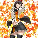  :3 arms_up black_hair black_wings closed_eyes cowboy_shot hat low_wings midriff navel oso_(toolate) pointy_ears revision shameimaru_aya short_hair skirt smile solo stretch thighhighs tokin_hat touhou wings zettai_ryouiki 