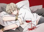 alcohol bad_id bad_pixiv_id blonde_hair bracelet cup drinking_glass fate/zero fate_(series) gilgamesh hishi_(k-xaby) jewelry male_focus necklace red_eyes solo wine wine_glass 