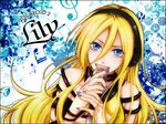  blonde_hair blue_eyes headphones lily_(vocaloid) long_hair microphone miyoshi_(m178) musical_note solo vocaloid 