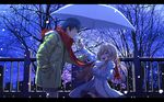  1girl :d aisaka_taiga baozi bare_tree breath couple eating fence food height_difference hetero highres holding holding_umbrella letterboxed open_mouth scarf shared_scarf shared_umbrella skyline smile snow takasu_ryuuji thighhighs toradora! tree tsukumo umbrella winter_clothes zettai_ryouiki 