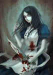  alice:_madness_returns alice_(wonderland) alice_in_wonderland black_hair blood blue_eyes dress knife long_hair smile solo sun_dou 