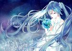  aqua_eyes aqua_hair bare_shoulders flower globe hatsune_miku highres long_hair necktie retsuna scrunchie skirt smile solo twintails very_long_hair vocaloid 