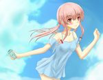  bangs bare_shoulders blue_dress blue_sky blush bow breasts cellphone cleavage clenched_hand cloud cloudy_sky day dress floating_hair from_side gasai_yuno hair_bow holding leaning_forward light_smile long_hair looking_at_viewer mirai_nikki off_shoulder outdoors outstretched_arm phone pink_eyes pink_hair scrunchie short_dress sidelocks sky small_breasts smile solo standing sundress twintails wide_sleeves 