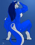  anthro back_turned biceps big_breasts blue blue_hair blue_theme breasts butt cacnine canine female flexing from_behind fur hair hopey looking_at_viewer mammal muscles muscular_female nipples nude on_toes orange_eyes smile solo ticklishways tiptoes white white_fur wolf zp92 