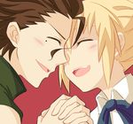  1girl :d artoria_pendragon_(all) blonde_hair blush brown_hair closed_eyes fate/zero fate_(series) ferythekid happy holding_hands lancer_(fate/zero) mole mole_under_eye open_mouth saber short_hair smile 