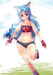  animal_ears bare_shoulders blue_eyes blue_hair borrowed_character crop_top cutoffs denim denim_shorts fingerless_gloves flag_print flat_chest fox_ears gloves groin highres hips long_hair midriff original print_gloves shoes short_shorts shorts sketch smile sneakers solo union_jack wide_hips yakibuta_(shimapow) 