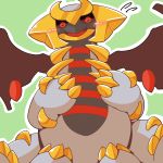  2015 blush claws crepix feral giratina giratina_(altered_form) green_background legendary_pok&eacute;mon looking_at_viewer nintendo open_mouth pok&eacute;mon pok&eacute;mon_(species) scalie simple_background solo sweat video_games wings 