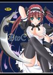  :p airi airi_(queen's_blade) areola_slip areolae blue_eyes breasts long_hair maid maid_headdress mori_marimo panties pussy queen&#039;s_blade queen's_blade red_hair ribbon scythe thighhighs tongue tongue_out torn_clothes twintails underwear upskirt 
