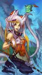  1girl animal_ears bare_shoulders belt braid cloud copyright_request fantasy fingerless_gloves fish fishing_rod gloves hector_enrique_sevilla_lujan highres hook long_hair looking_at_viewer midriff multicolored_hair nail_polish pouch sky smile solo strapless tail tubetop very_long_hair white_hair yellow_eyes 