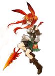  animal_ears boots copyright_request fujiwara_akina long_hair polearm red_eyes red_hair scar shorts solo spear weapon 
