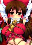  armpits arms_up ascot bdsm bondage bound breasts brown_eyes brown_hair cleave_gag cloth_gag covered_nipples detached_sleeves gag gagged hakurei_reimu huge_breasts impossible_clothes impossible_shirt improvised_gag nagiyamasugi navel rope shibari shirt solo touhou 