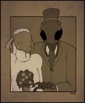  bouquet bride bug draug flower groom hat insect male marriage monochrome sepia slug_(artist) top_hat 