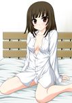  1girl arm_support bakemonogatari bed blush breasts brown_eyes brown_hair female legs minamori_noeru monogatari_(series) naked_shirt no_hat open_clothes open_shirt oversized_shirt panties sengoku_nadeko shirt short_hair sitting smile solo underwear 