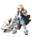  aqua_eyes armor blackjd83 blonde_hair boots cape chung_seiker clenched_hand elsword full_body fury_guardian_(elsword) gloves greaves hair_flaps huge_weapon male_focus no_nose official_art serious solo weapon white_background 