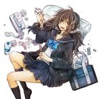  bag bandages bottle boxcutter brown_hair fujiwara_akina kneehighs long_hair md5_mismatch original pill pillow ribbon school_uniform scrunchie solo sweater tissue vocaloid 