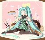  ahoge aqua_hair bracelet closed_eyes doughnut dress eating food fork hatsune_miku highres jewelry long_hair nasudora no_shoes pancake pantyhose plate pocky scrunchie sitting solo striped striped_legwear sweets twintails vertical-striped_legwear vertical_stripes very_long_hair vocaloid 