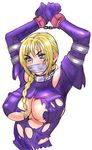  arms_up bare_shoulders bdsm blonde_hair blue_eyes bodysuit bondage bound braid breasts covered_nipples death_by_degrees gag gagged improvised_gag large_breasts long_hair nina_williams single_braid solo tape tape_gag tekken torn_clothes underboob zero_hime 