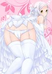  1girl ass behind bent_over blush breasts breasts_outside dress from from_behind gundam gundam_00 invitation looking_back marie_parfacy panties presenting sideboob smile solo soma_peries thighhighs underwear wedding_dress 
