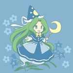  bad_id bad_pixiv_id blue_capelet capelet chibi dress ghost_tail green_eyes green_hair hat long_hair mima ribbon sakura_(sepia_rin) smile solo staff touhou touhou_(pc-98) wizard_hat 