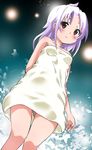  akira_(umihan) bare_shoulders breasts highres night original outdoors purple_hair red_eyes short_hair small_breasts smile solo standing thighs towel 