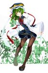  adapted_costume asymmetrical_hair bad_id bad_pixiv_id blue_eyes brown_legwear buttons floral_background green_hair hat lace leaning_forward looking_at_viewer mary_janes pantyhose ribbon shiki_eiki shoes short_hair silentdin skirt solo touhou wide_sleeves 