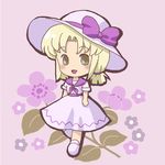  ascot bad_id bad_pixiv_id blonde_hair brown_eyes chibi dress hat luize open_mouth sailor_dress sakura_(sepia_rin) short_hair smile solo sun_hat touhou touhou_(pc-98) 