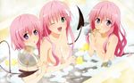  bath green_eyes lala_satalin_deviluke momo_velia_deviluke nana_asta_deviluke nude pink_hair purple_eyes tail to_love_ru 