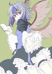  :o bad_id bad_pixiv_id blue_hair book face foreshortening frills hands head_wings horns looking_back multicolored_hair ogino_(oginogino) outstretched_hand red_eyes short_hair silver_hair simple_background single_head_wing solo tokiko_(touhou) touhou two-tone_hair wings 