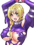  arms_up bare_shoulders blonde_hair blue_eyes bodysuit braid breasts covered_nipples death_by_degrees large_breasts lipstick long_hair makeup nina_williams single_braid solo tekken torn_clothes underboob zero_hime 
