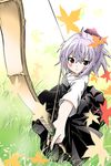  akira_(umihan) archery arrow bow_(weapon) brown_eyes drawing_bow dress foreshortening from_above grass hakama highres holding holding_arrow holding_bow_(weapon) holding_weapon japanese_clothes kyuudou leaf muneate original outdoors short_hair silver_hair solo standing weapon 