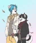  &lt;3 autumn bandanna beauty_mark belt black_hair black_nails black_pants black_pawpads blue_eyes blue_hair canine clothed clothing coffee cup dialog dog ear_markings ear_piercing evilgrinn facial_markings falling_leaves father father_and_son fingerless_gloves friends fur gloves hair hot_drink husky jacket leaf leather_jacket male mammal markings parent pawprint piercing ring scarf son steam tan_pants teenager text trenchcoat walking wedding_ring white_fur wtf_face young 