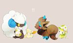  alternate_color cottonee egg eyes_closed fox nintendo no_humans petilil pixiv pokemon simple_background sitting smile standing whimsicott zorua 