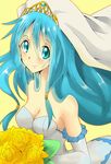  blue_eyes blue_hair breasts cleavage dress duel_monster eria flower long_hair smile wedding_dress yu-gi-oh! yuu-gi-ou_duel_monsters 