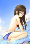  arm_support ass back bad_id bad_pixiv_id barefoot breasts brown_eyes brown_hair cloud day dinahfiria flower glasses long_hair looking_at_viewer original partially_submerged sideboob sitting sky small_breasts smile solo topless wariza water 
