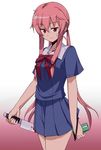  bad_id bad_pixiv_id blood cellphone gasai_yuno highres knife long_hair looking_at_viewer mirai_nikki mousou_(mousou_temporary) phone pink_hair red_eyes school_uniform skirt smile solo 