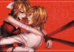  1girl bad_id bad_pixiv_id bandages bdsm blonde_hair blood blood_in_mouth blood_on_face bondage bound bound_arms breasts brother_and_sister cleavage dress eye_contact face-to-face floral_print garter_straps hair_ribbon hug kagamine_len kagamine_rin karakuri_manji_burst_(vocaloid) looking_at_another medium_breasts mouth_hold red_dress red_eyes ribbon ribbon_bondage scar shirt siblings sitting sitting_on_lap sitting_on_person suzunosuke_(sagula) thighhighs twins vocaloid zettai_ryouiki 
