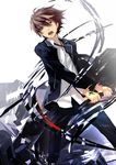  brown_hair guilty_crown highres jacket male_focus necktie official_art open_clothes open_jacket ouma_shuu red_eyes redjuice school_uniform solo void_(guilty_crown) weapon 