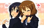  black_hair brown_eyes brown_hair closed_eyes hair_scarf hirasawa_yui k-on! k10k long_hair multiple_girls nakano_azusa school_uniform short_hair spoken_blush twintails yuri 