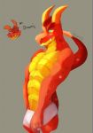  abs anthro clothed clothing crotch_grab dracmis dragon english_text fangs green_eyes grope hair half_portrait horn kevkai male muscular muscular_male partially_clothed pecs red_hair red_scales scales sketch solo standing text underwear yellow_scales 