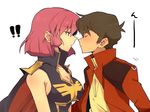  1boy 1girl blue_eyes blush breasts brown_hair cape cleavage closed_eyes couple full-face_blush gundam gundam_zz haman_karn hetero imminent_kiss jacket judau_ashta large_breasts pink_hair short_hair simple_background ufuto white_background 